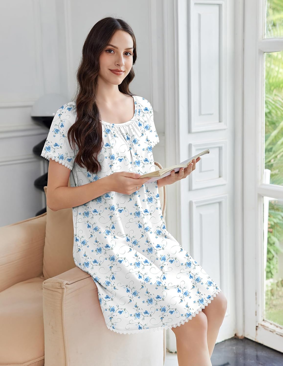 White-and-blue floral sleep dress with lace-trimmed short sleeves and gathered round neckline