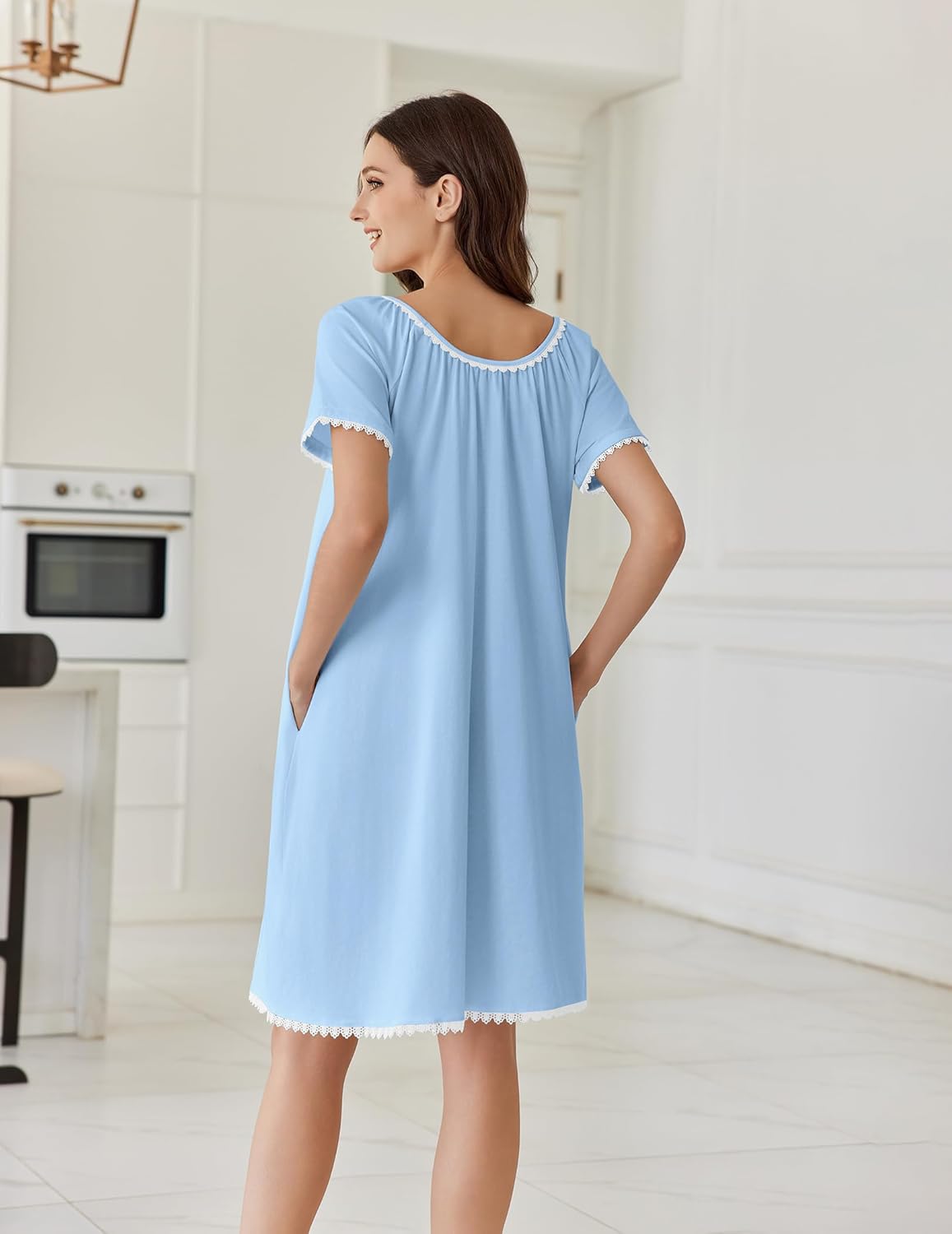 Light blue cotton nightgown with lace trim on neckline and sleeves