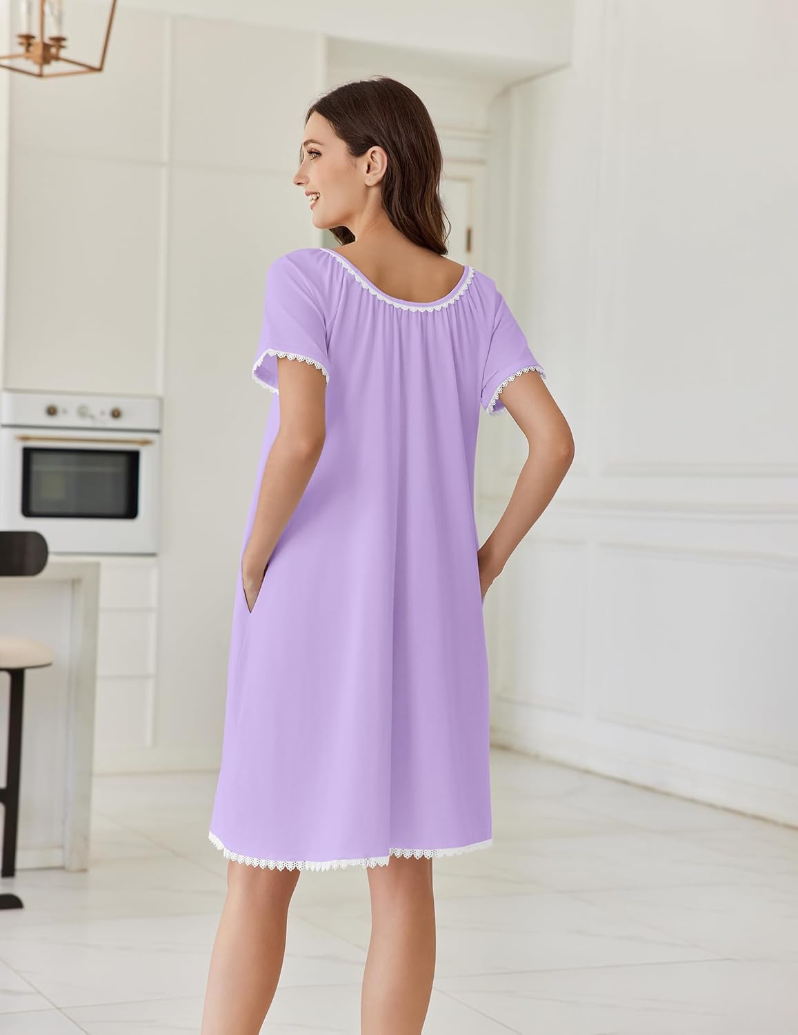 Purple cotton nightgown dress with lace-trim short sleeves and round neckline