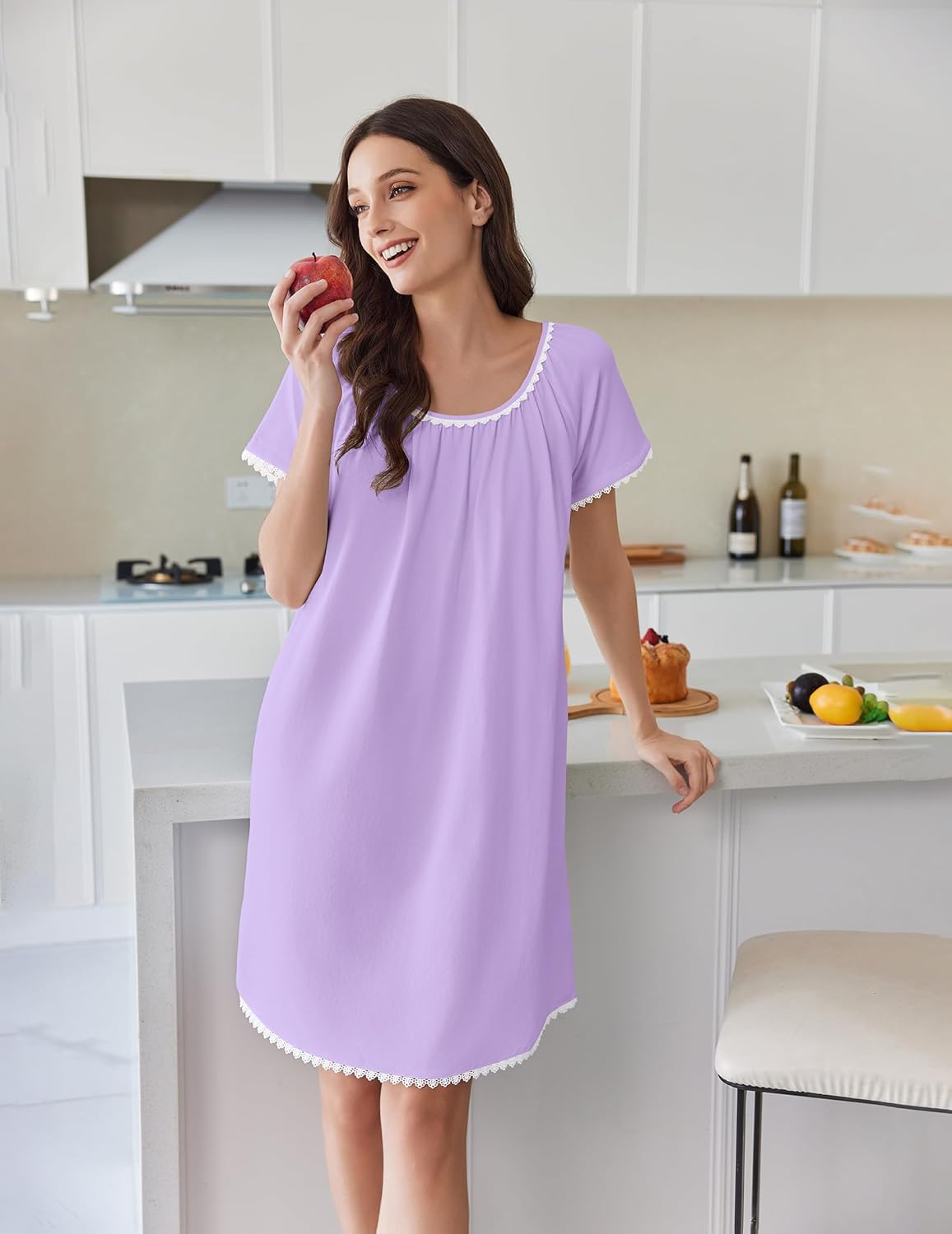 Light purple cotton nightgown with lace-trimmed neckline and short sleeves