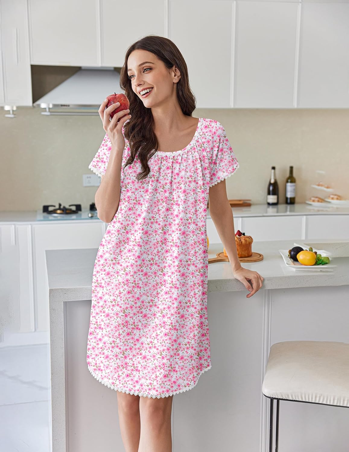 Pink floral cotton sleep dress with lace trim, short flutter sleeves and round neckline