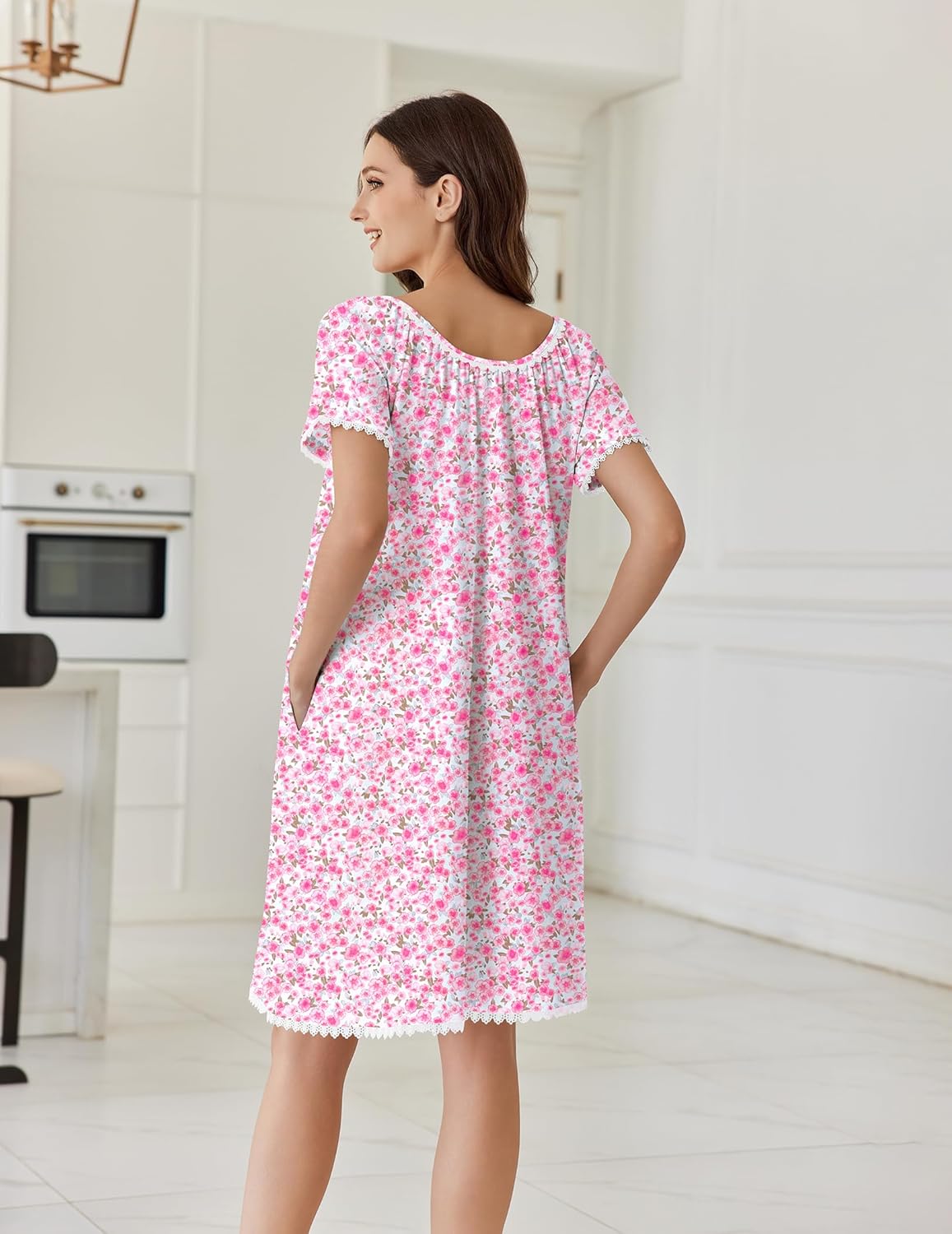 Pink floral cotton nightgown, short sleeves, lace-trim round neckline, back view