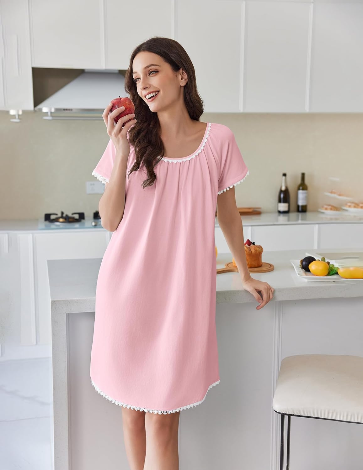 Pink cotton nightgown, short sleeves, lace-trim neckline and hem