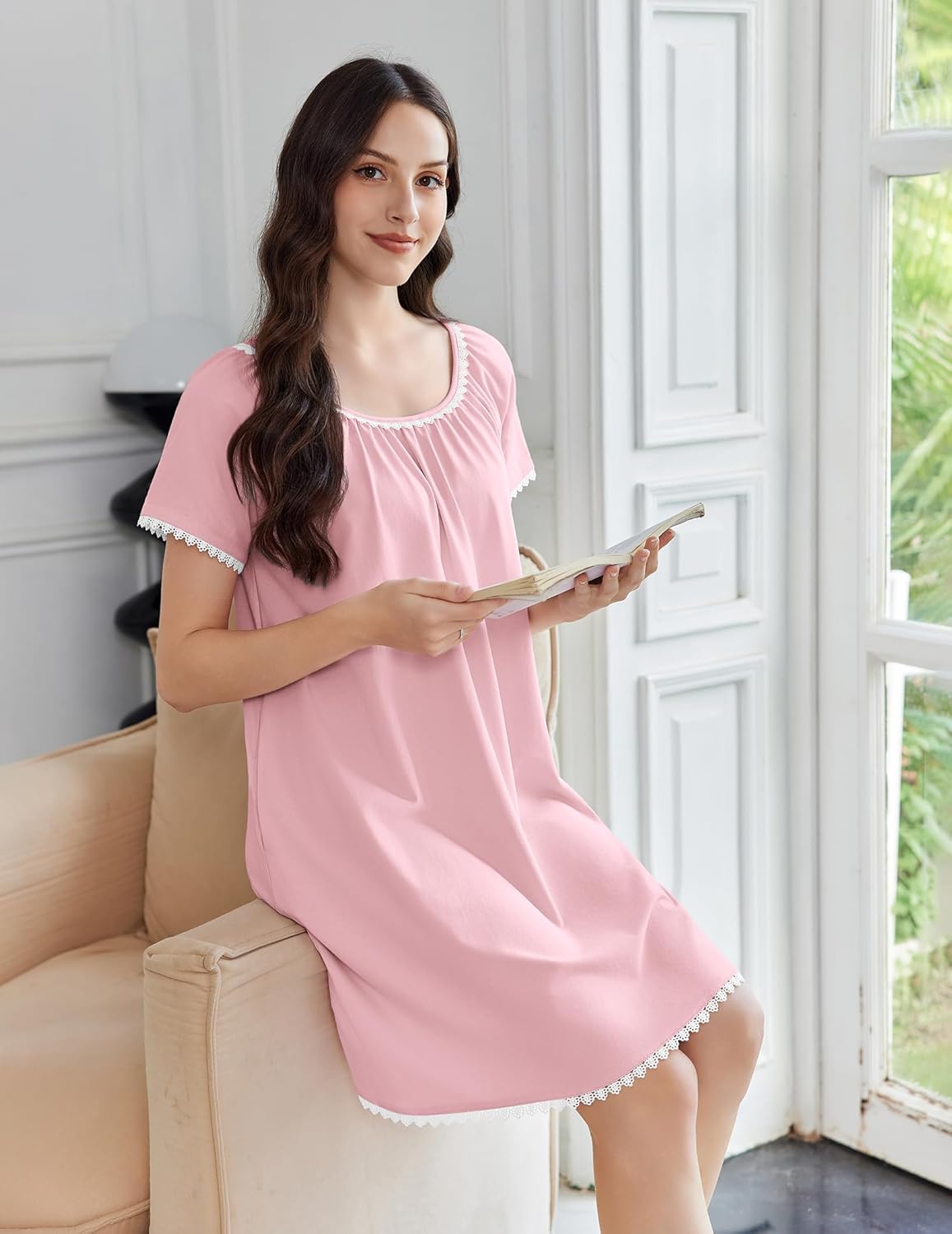 Pink cotton sleep dress with lace-trim short sleeves and decorative neckline