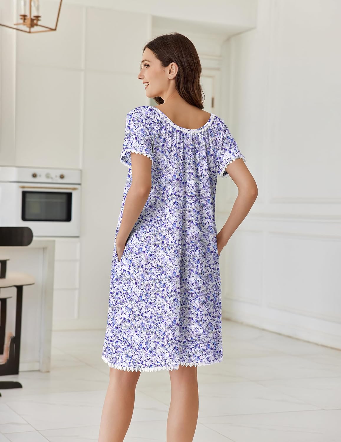 Back view: purple floral cotton nightgown with lace hem and short flutter sleeves