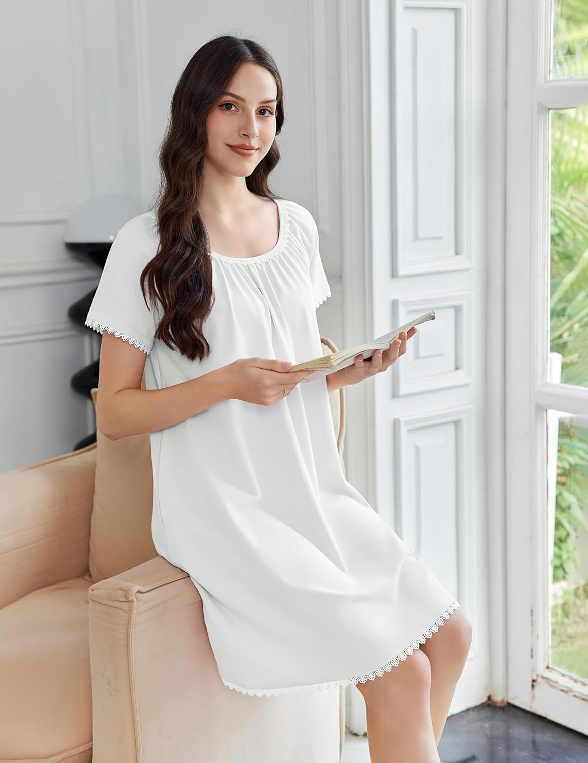 White cotton sleep dress with short sleeves and lace-trim edge along neckline