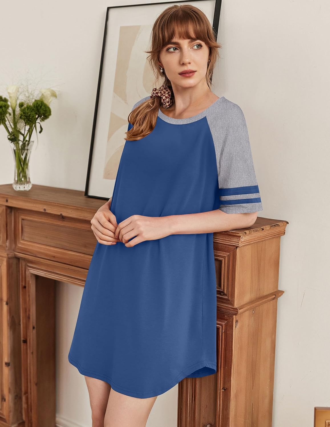 Cotton short-sleeve nightgown, blue body with grey raglan sleeves and striped cuffs