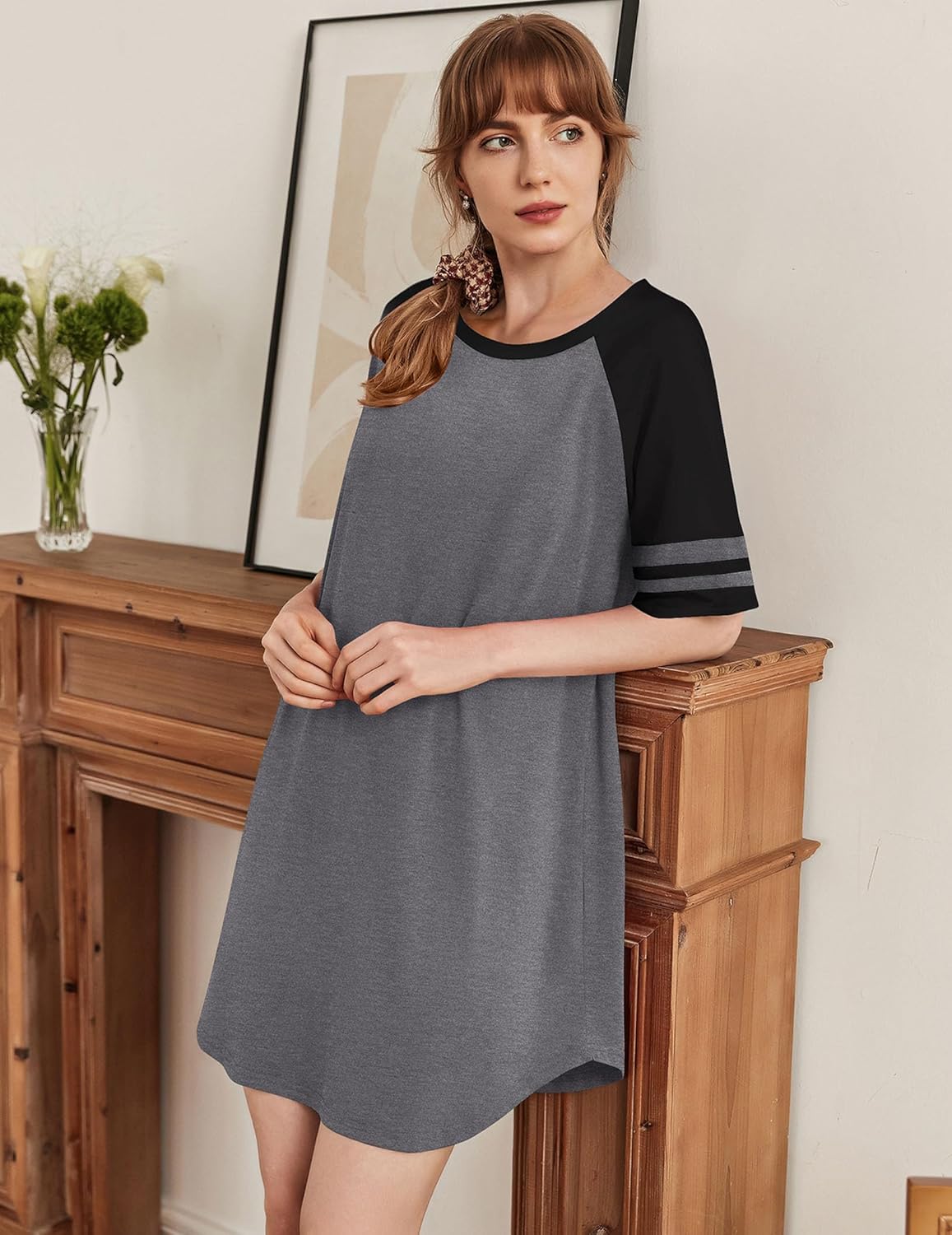 Cotton short-sleeve nightgown, dark grey body with black sleeves and striped cuff bands