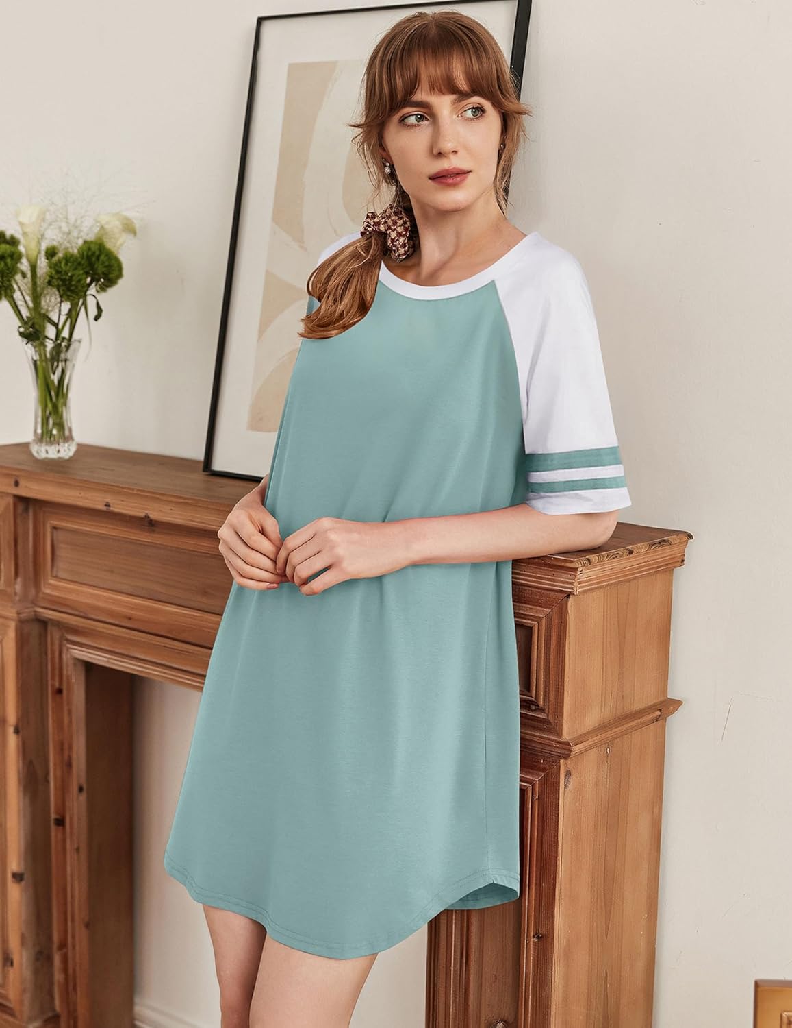 Cotton nightgown, short sleeves, mint teal with white raglan sleeves and striped cuffs