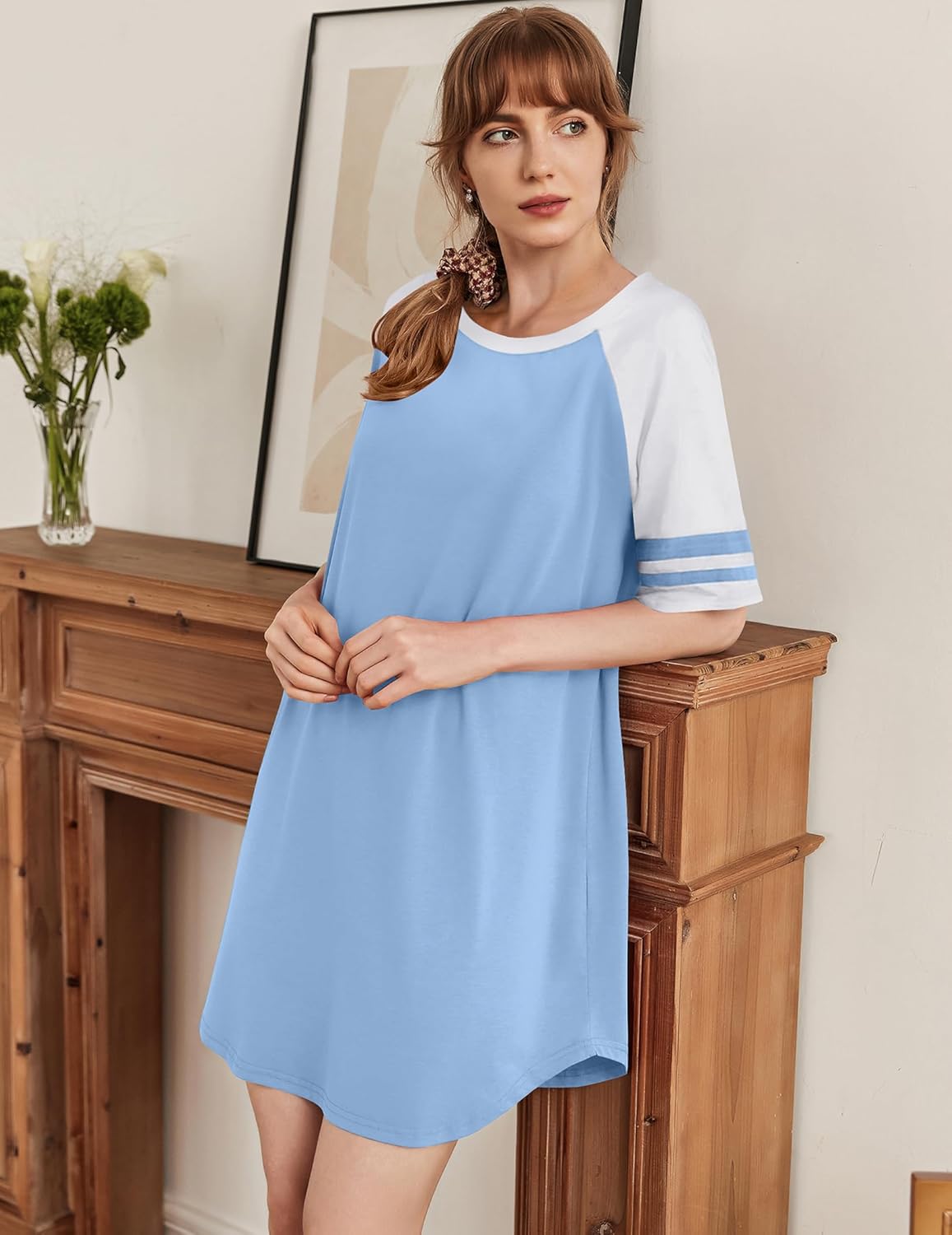Light blue cotton nightgown with white sleeves and two-tone striped cuffs