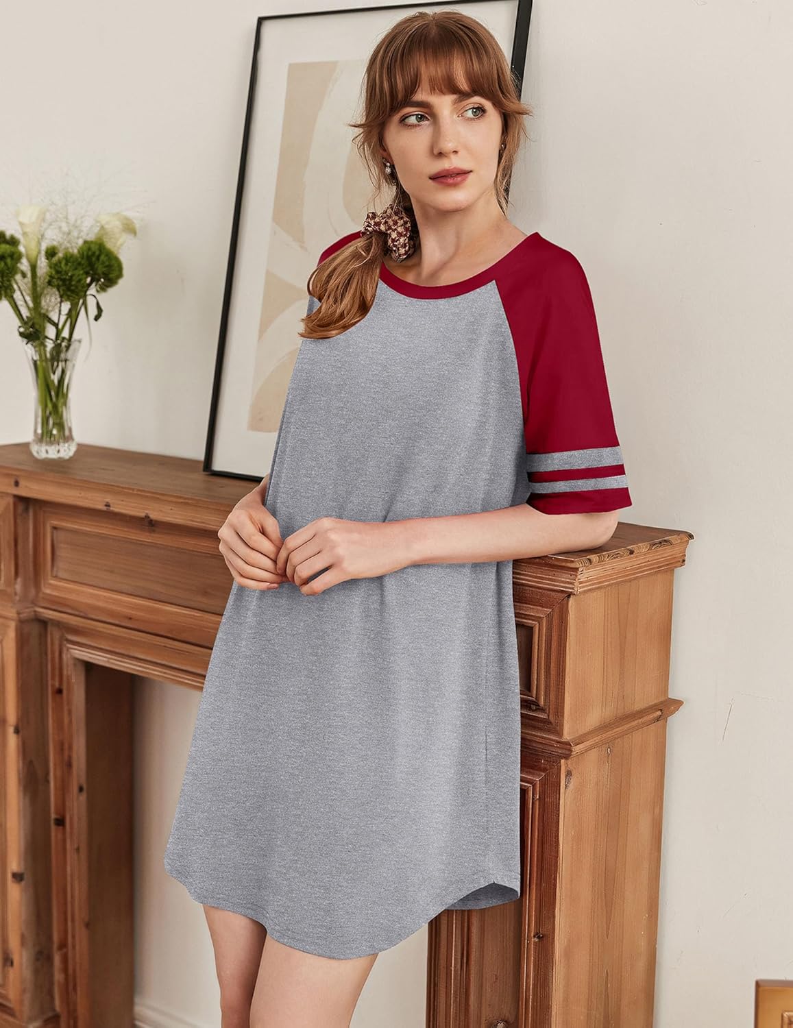 Cotton nightgown, short sleeves, gray body with red raglan sleeves and striped cuffs