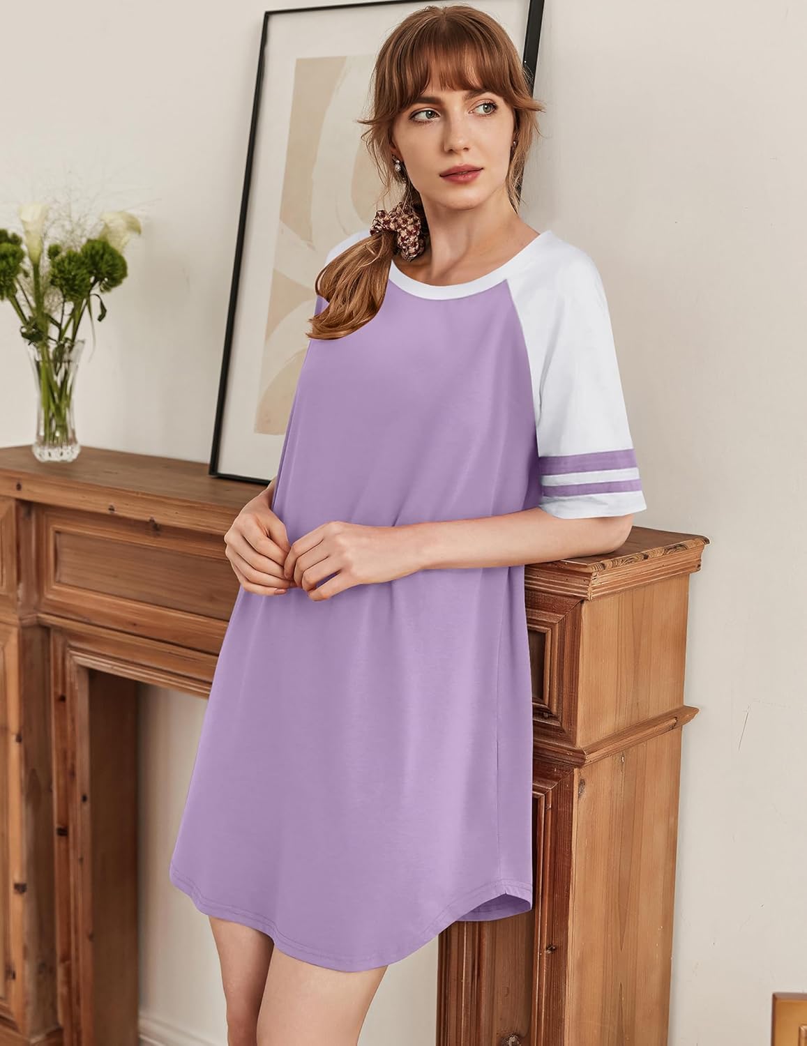 Cotton nightgown, purple body with white raglan sleeves and purple stripe cuffs