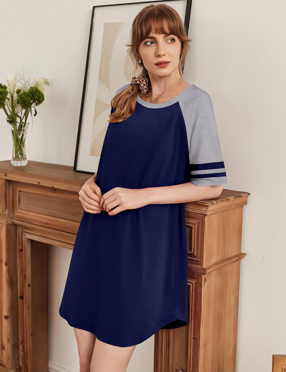Cotton short-sleeve nightgown, deep blue body with grey raglan sleeves and striped cuffs