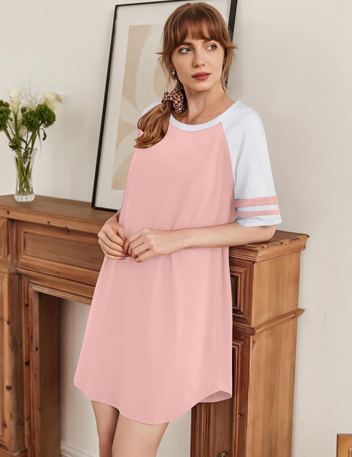 Cotton nightgown, pink body with white raglan sleeves and light pink stripe cuffs