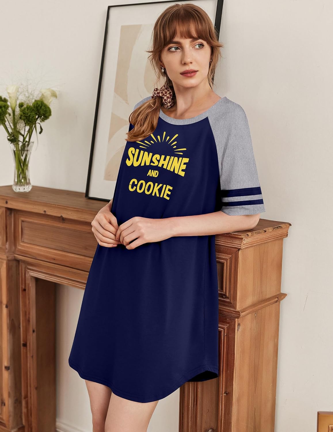 Cotton nightgown, short sleeves, navy blue with white sleeves; 'SUNSHINE' text
