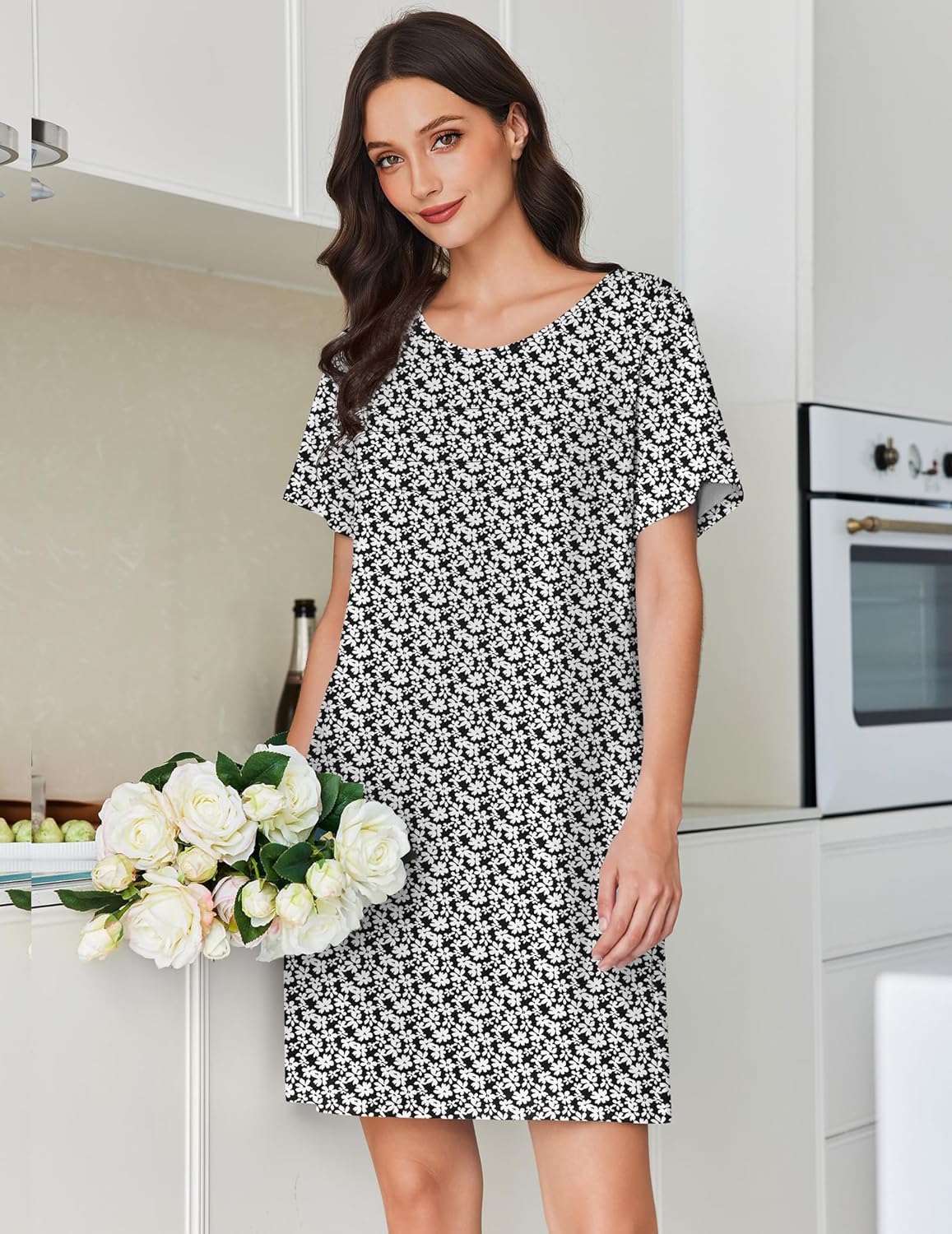 Cotton nightgown short sleeve, black with white floral pattern pleated night dress