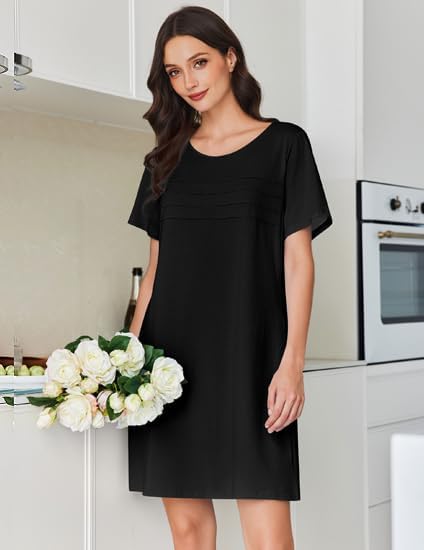 Cotton nightgown short sleeve pleated night dress, black solid