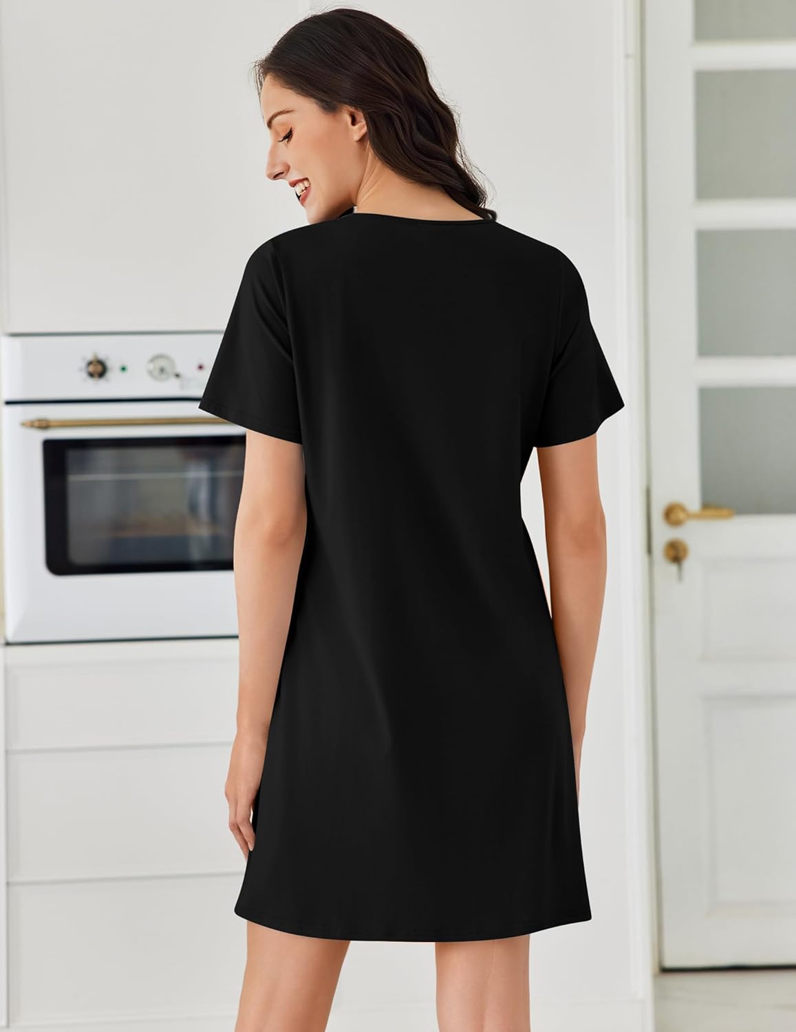 Cotton nightgown short sleeve pleated night dress, black solid (back view)