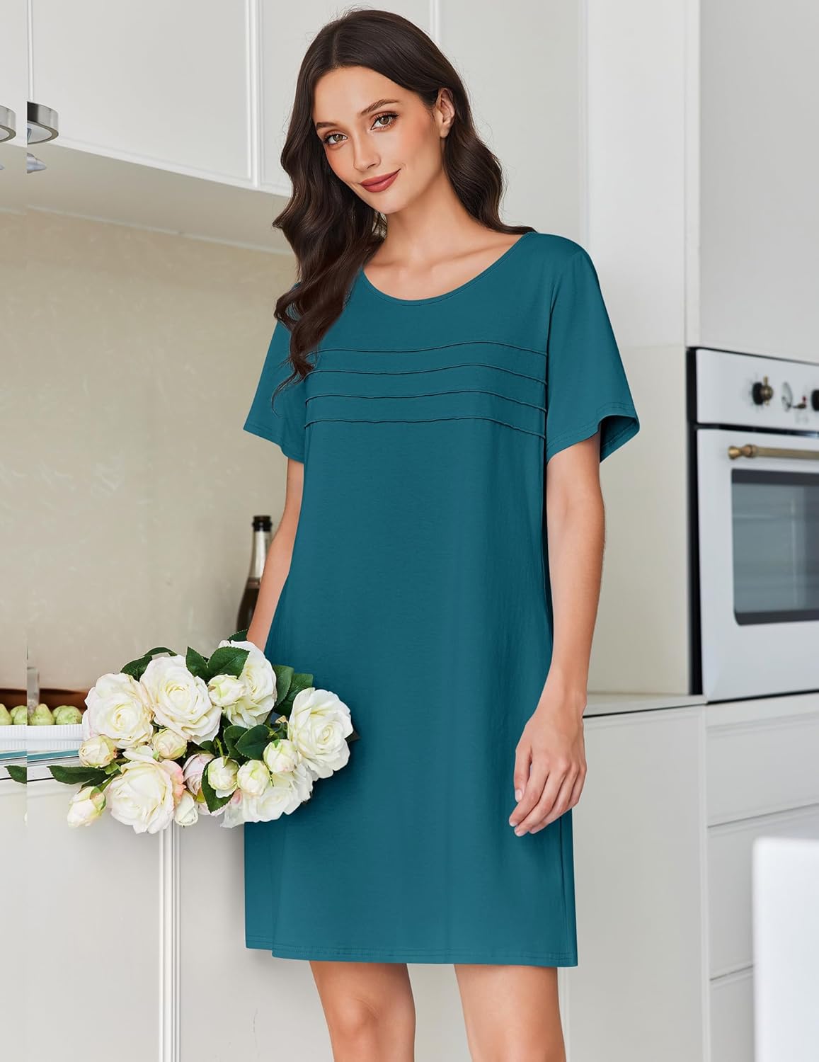 Cotton nightgown with pleated detailing, short sleeves, teal blue-green, knee length