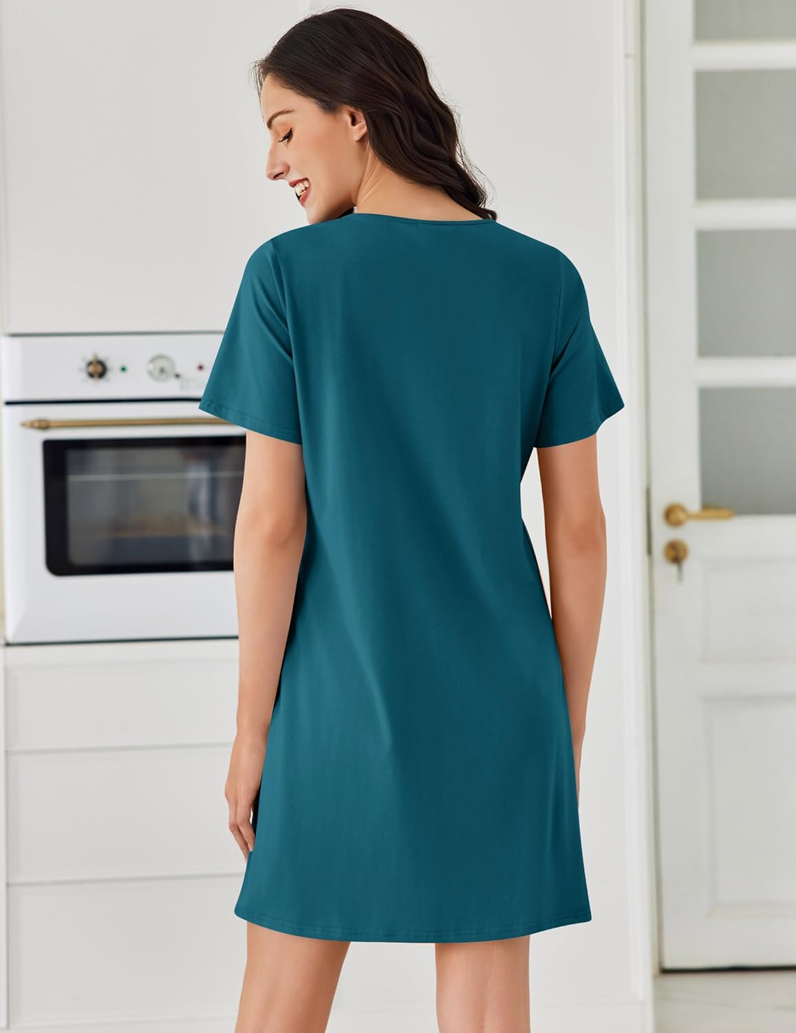 Cotton short-sleeve night dress, pleated front lines, teal blue-green, back view