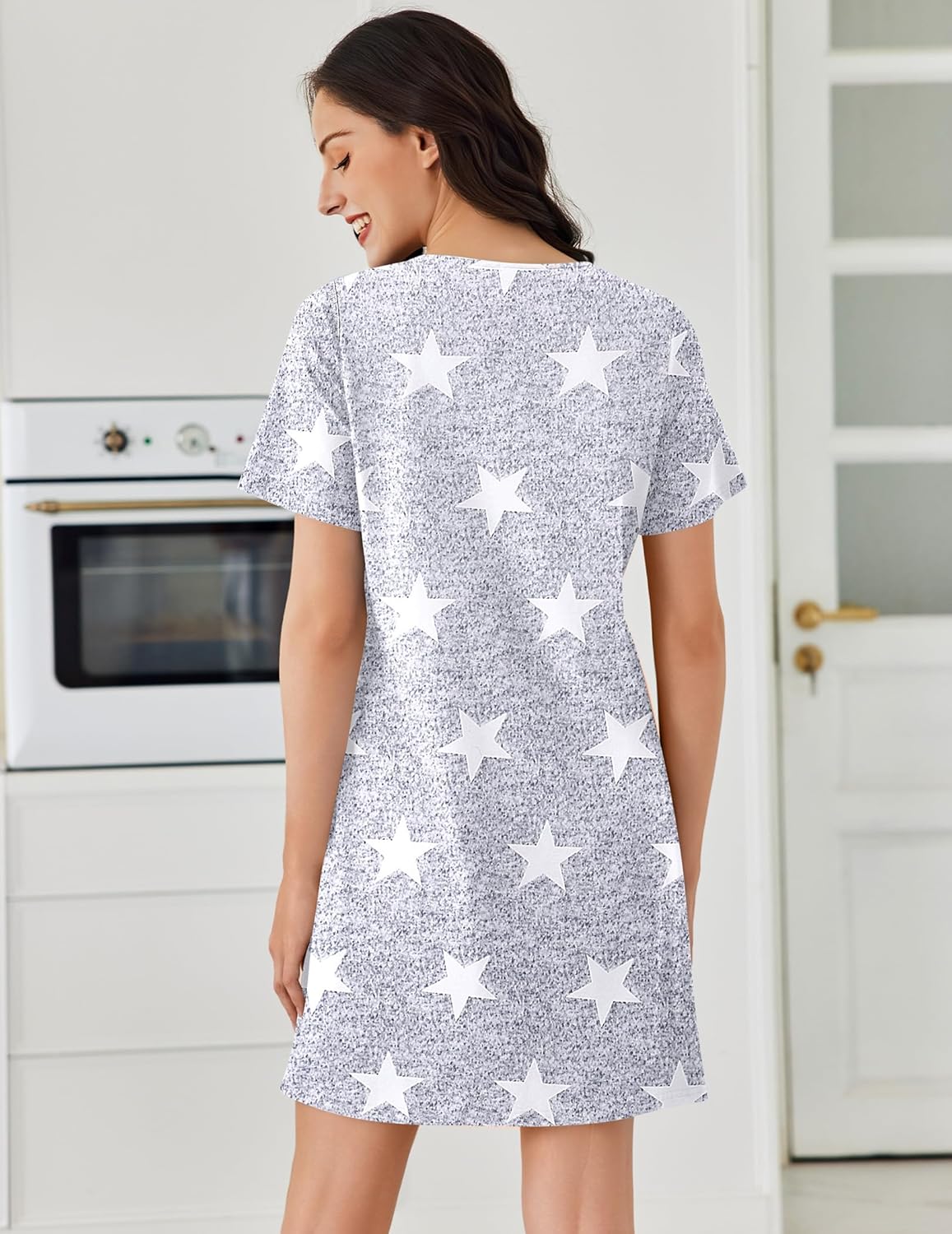 Cotton nightgown back view, short sleeves, white star print on light grey