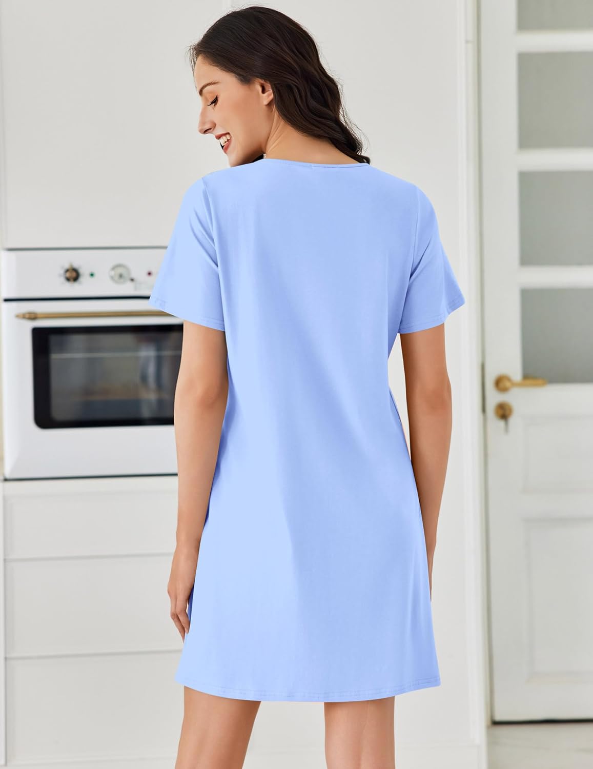 Cotton nightgown, short sleeves, crew neck; light blue with seam detail; knee length