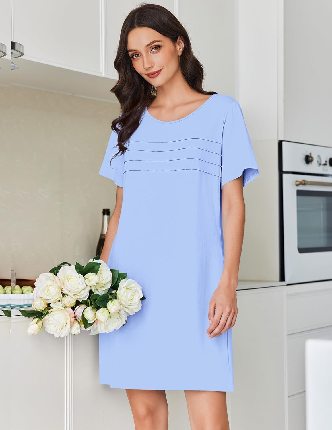 Cotton nightgown short sleeve pleated night dress, light blue solid (front view)