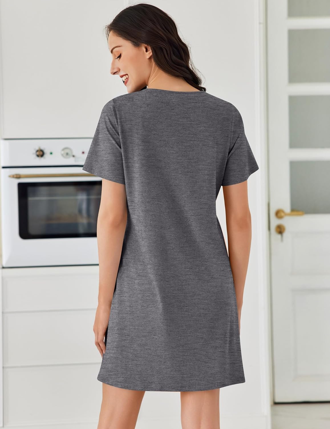 Heather grey short-sleeve cotton nightgown, crew neck; plain back with knee length