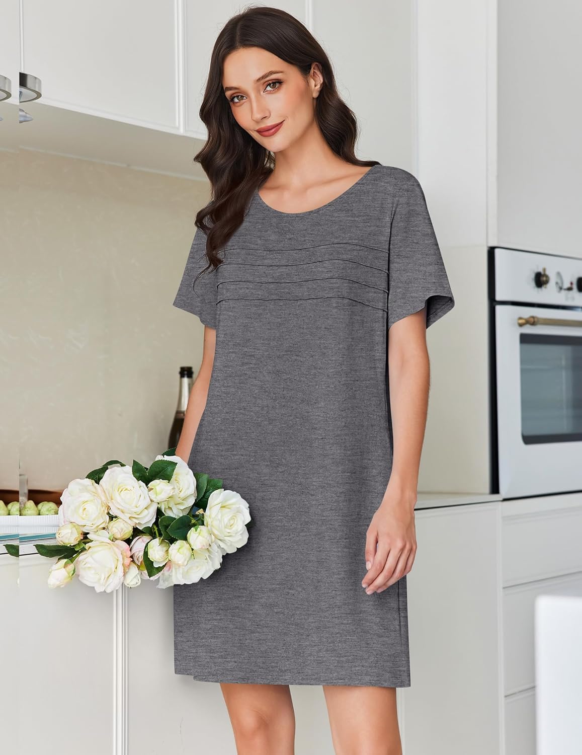Cotton nightgown in heather grey with short sleeves and crew neck; layered seam detail