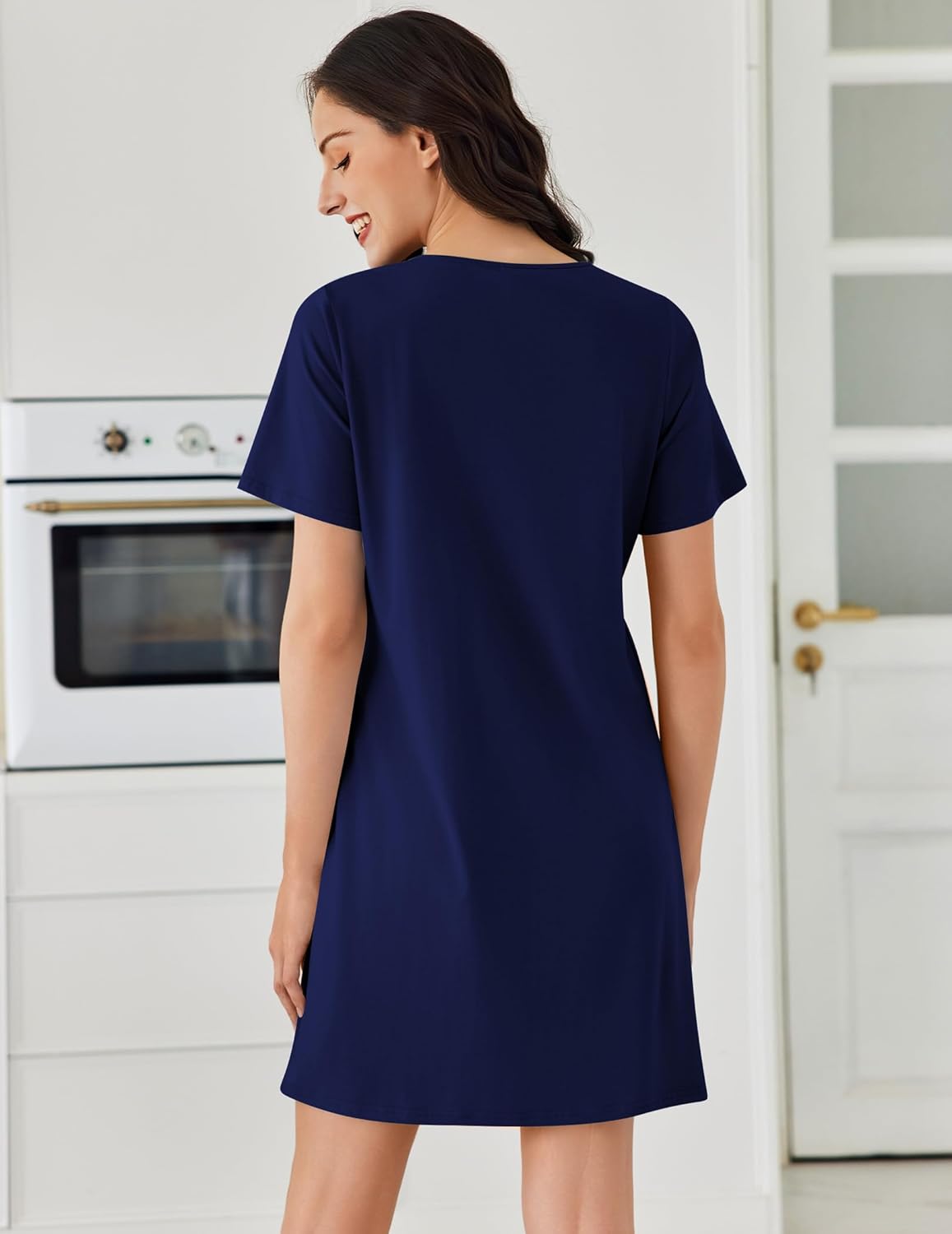 Cotton nightgown short sleeve pleated night dress, navy blue solid (back view)