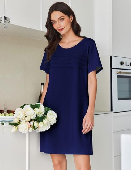 Cotton nightgown short sleeve pleated night dress, navy blue solid (front view)