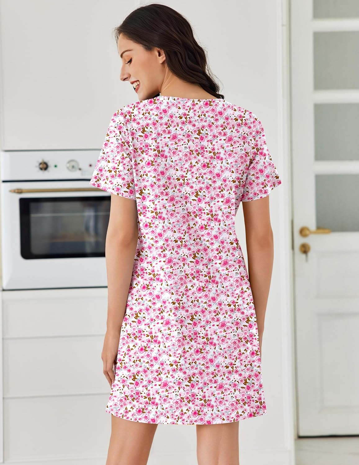 Cotton nightgown back view, short sleeves, pink floral pleated night dress