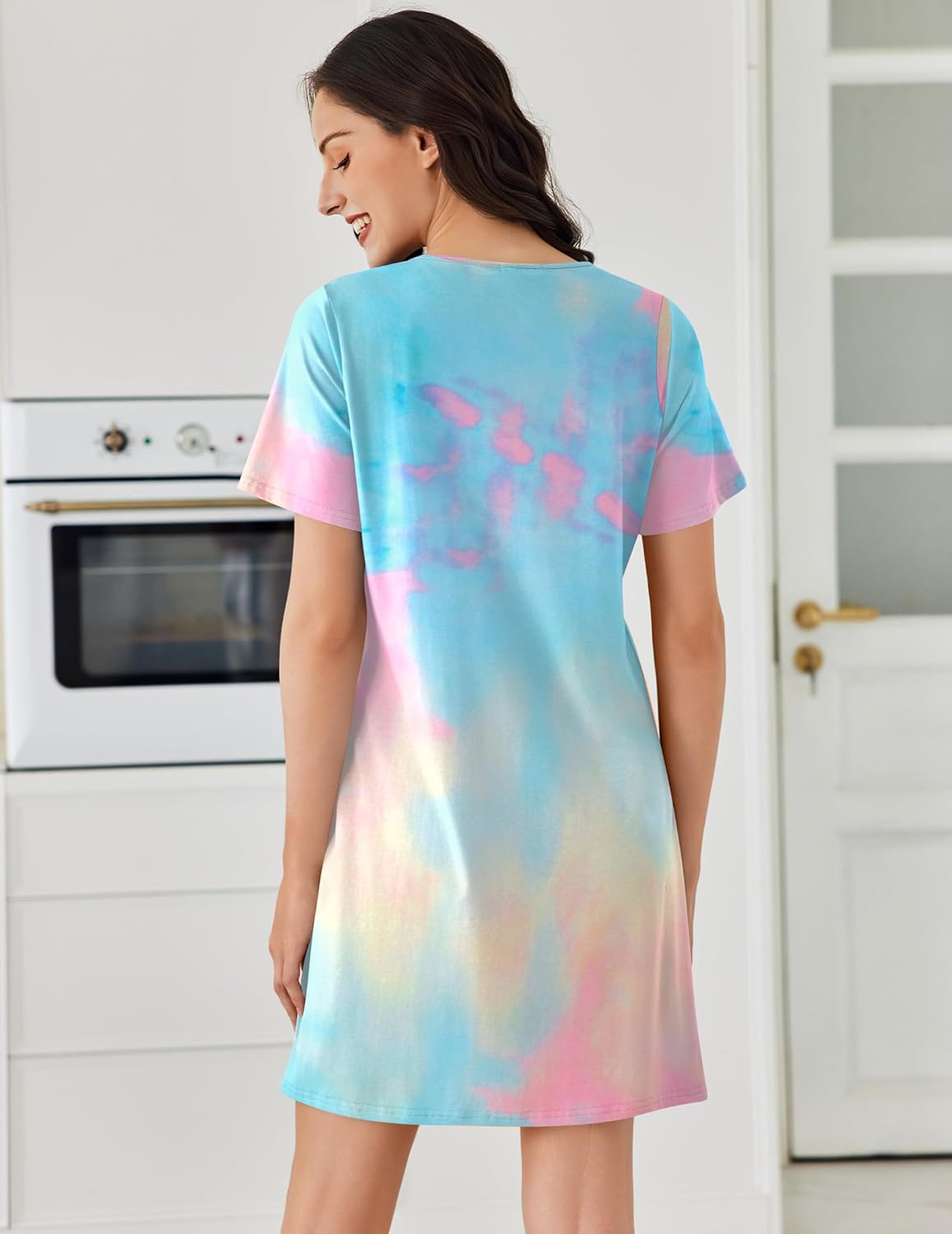 Blue green and pink tie-dye short-sleeve cotton nightgown; crew neck; plain back