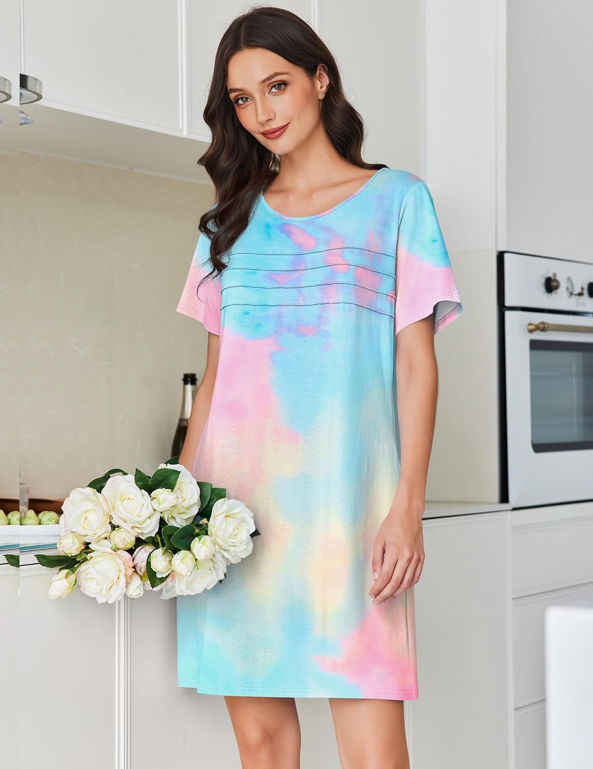 Blue green/pink tie-dye cotton nightgown with short sleeves and crew neck; layered seam