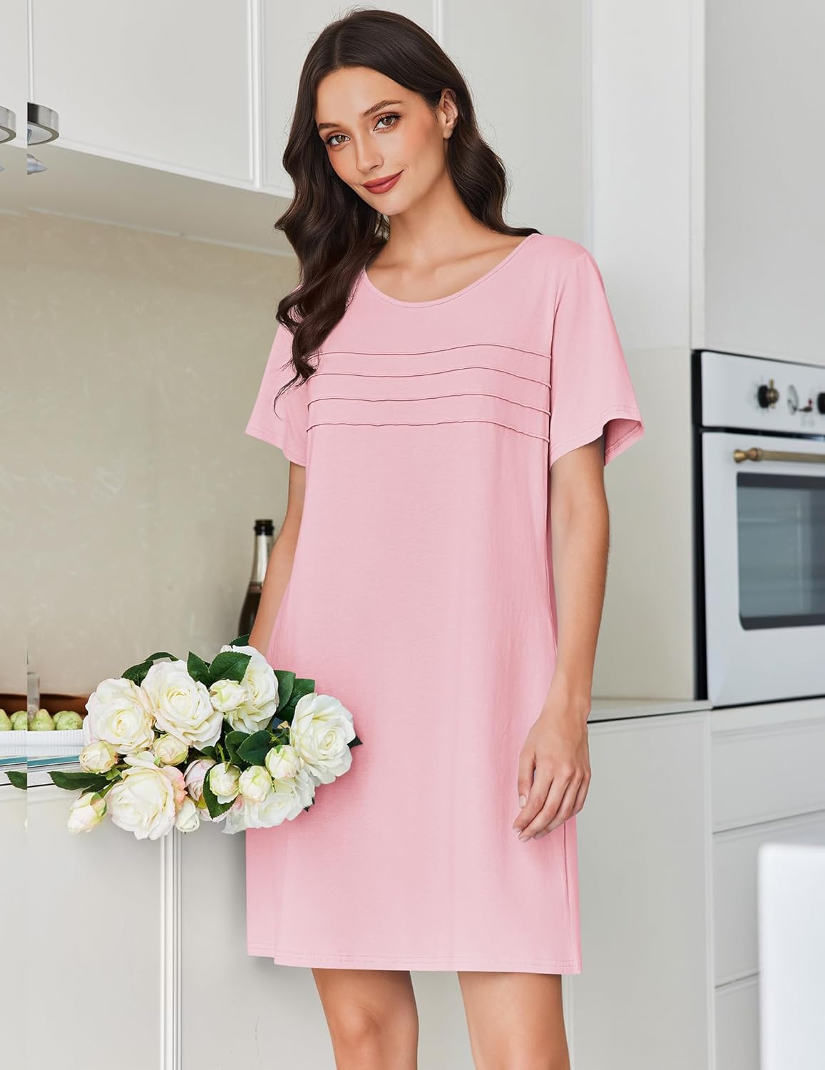 Pink cotton night dress, short sleeves, crew neck; smooth knee-length fit