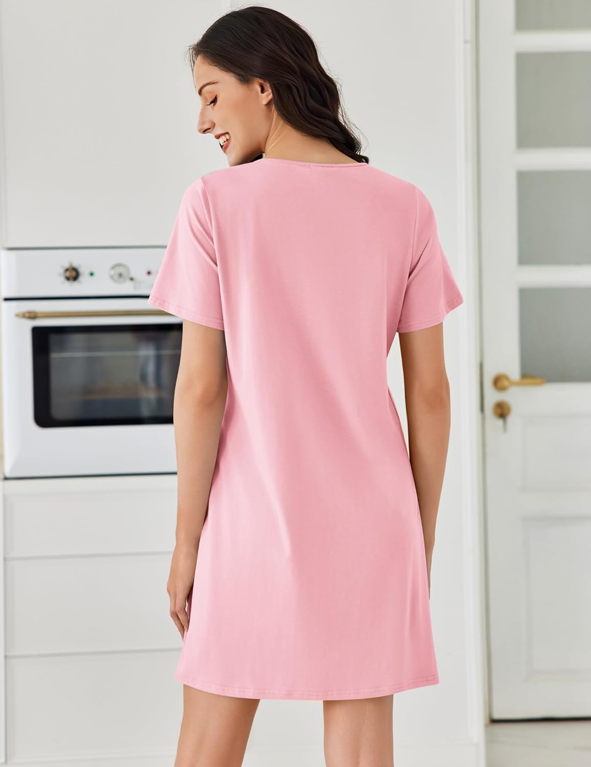 Pink short-sleeve cotton nightgown, crew neck; plain back, knee-length dress