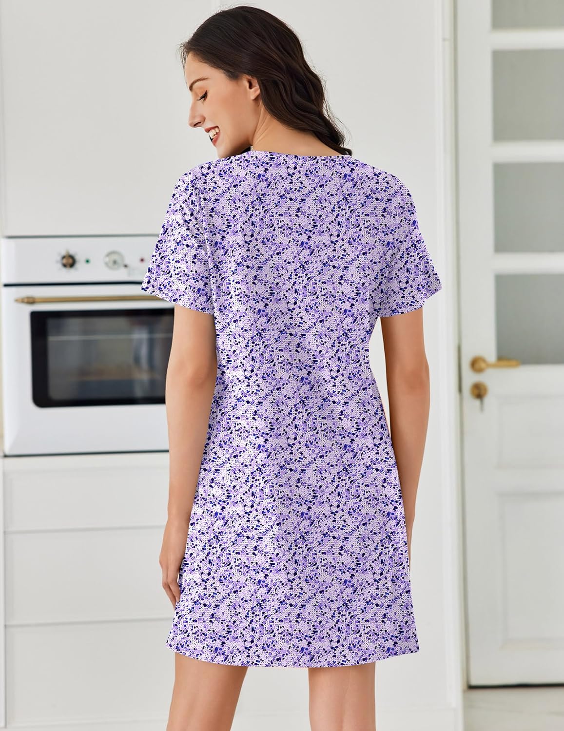 Cotton short-sleeve nightgown, pleated front, purple speckle print, back view