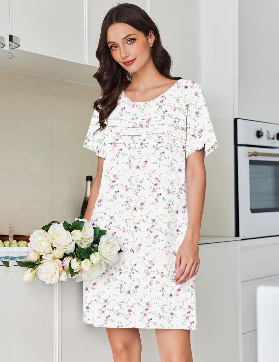 Cotton nightgown short sleeve pleated night dress, white floral print (front view)