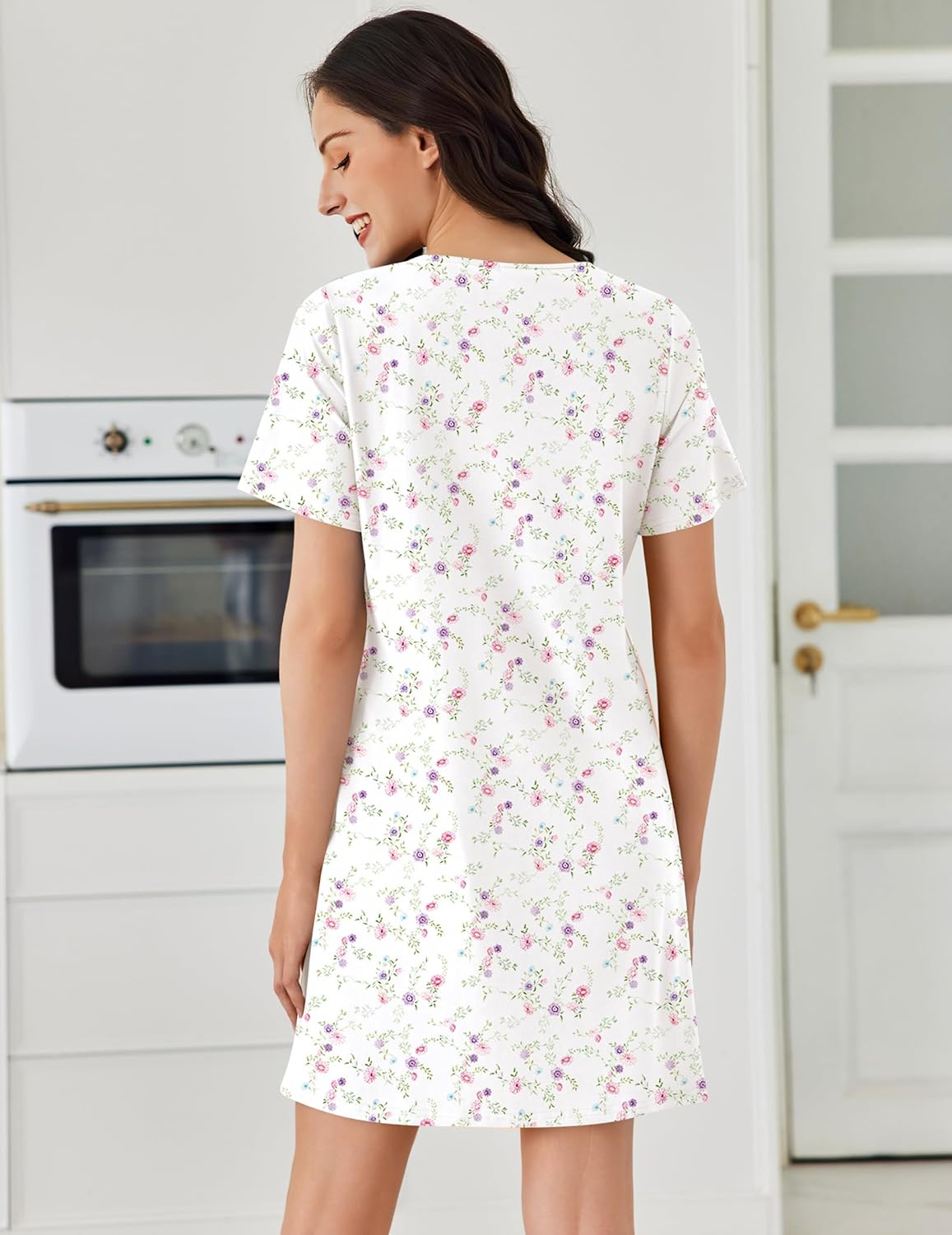 Cotton nightgown short sleeve pleated night dress, white floral print (back view)