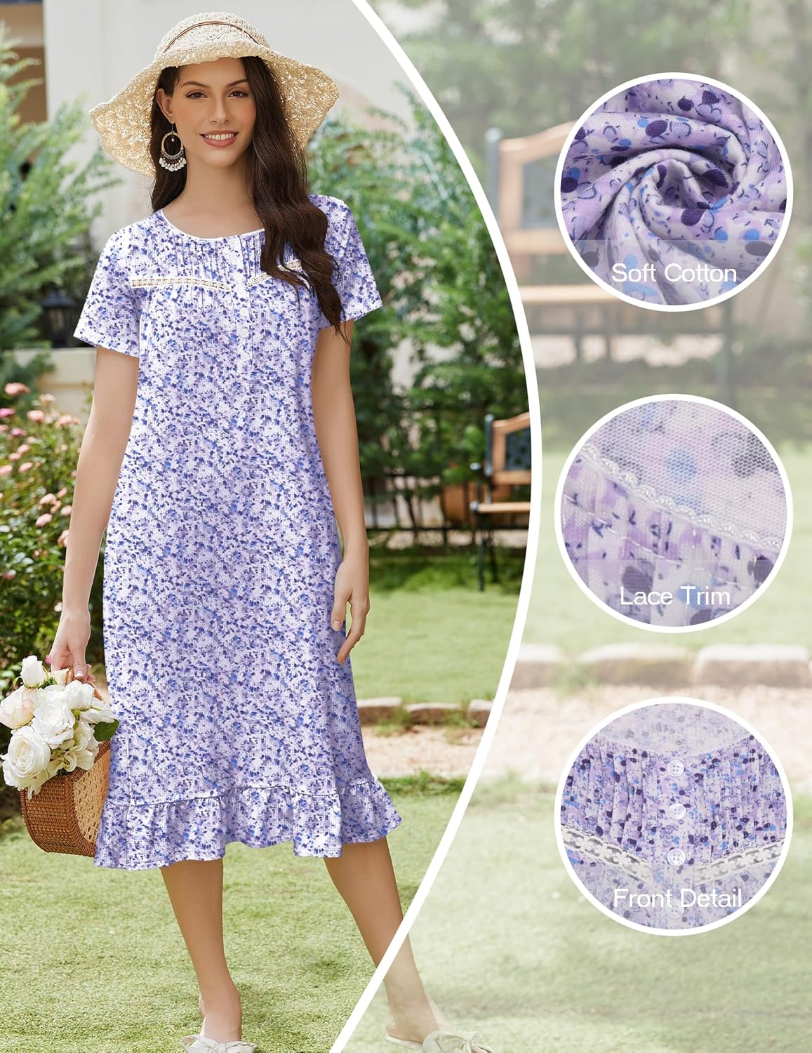 Vestido camisón floral violeta con ribete de encaje y detalle frontal en el escote