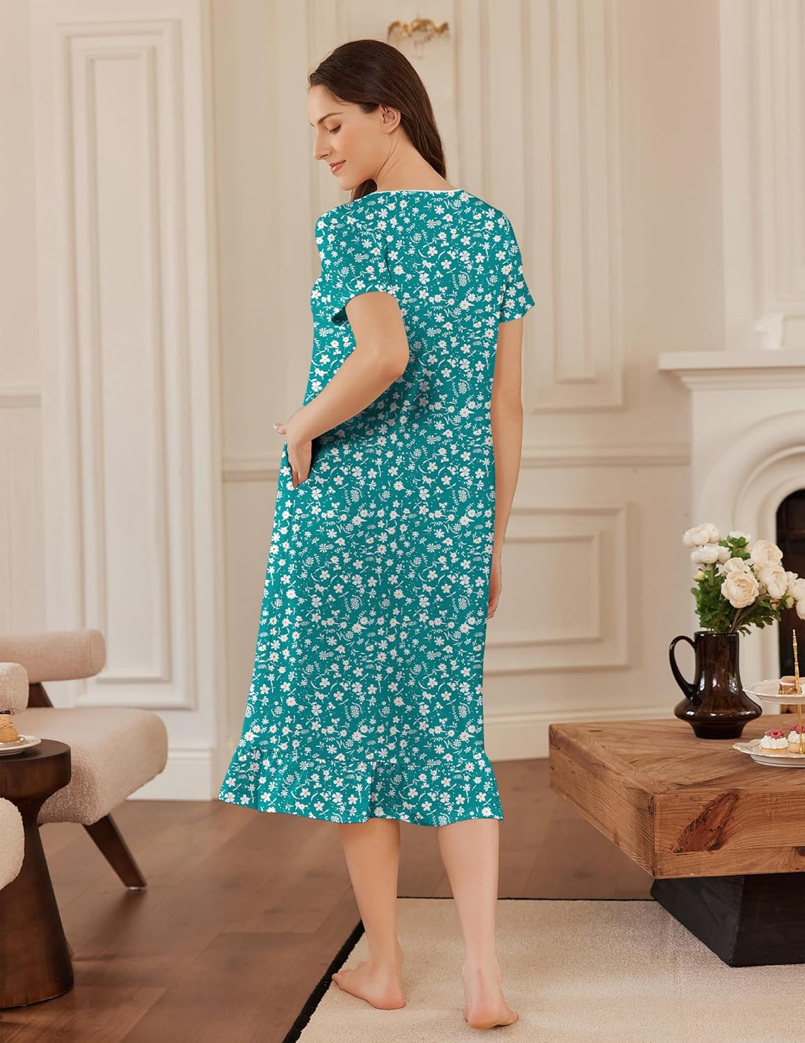 Teal floral cotton nightgown with button front and short sleeves