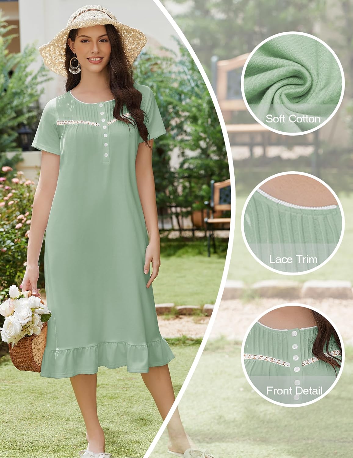 Light mint green cotton nightgown with button front, lace-trim hem