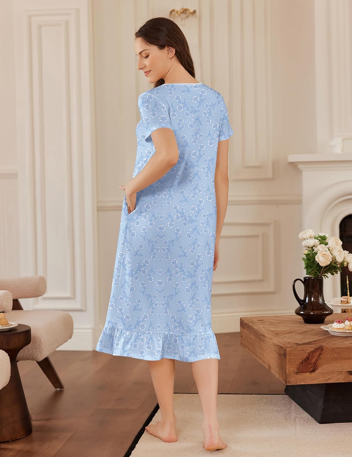 Blue cotton nightgown back view, short sleeves, small allover print, ruffled hem