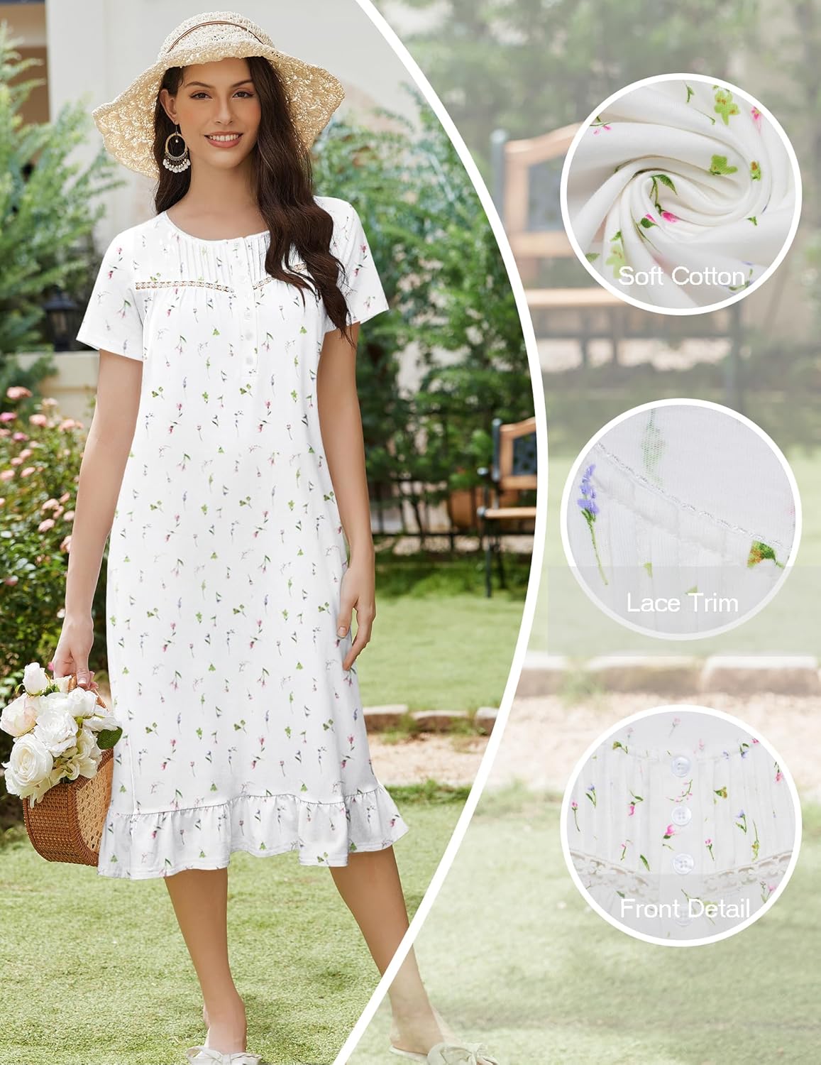White cotton nightgown with delicate floral print and lace trim, short sleeves