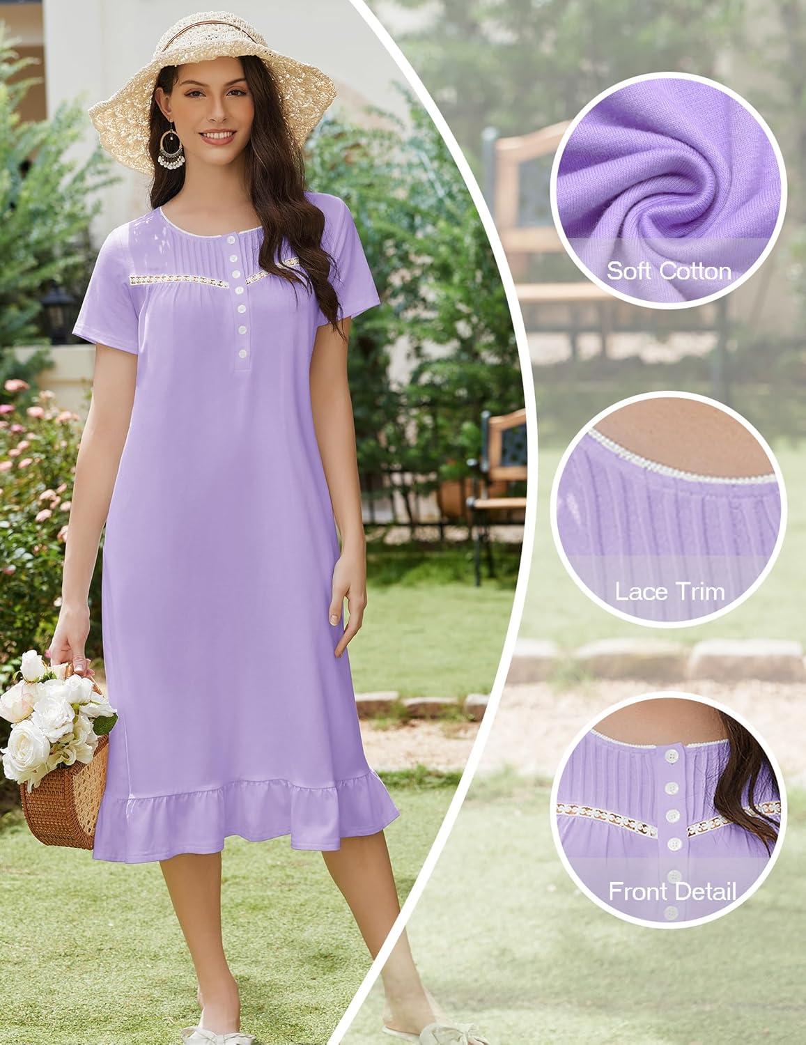 Lavender cotton nightgown dress with front buttons and lace-trim yoke, short sleeves