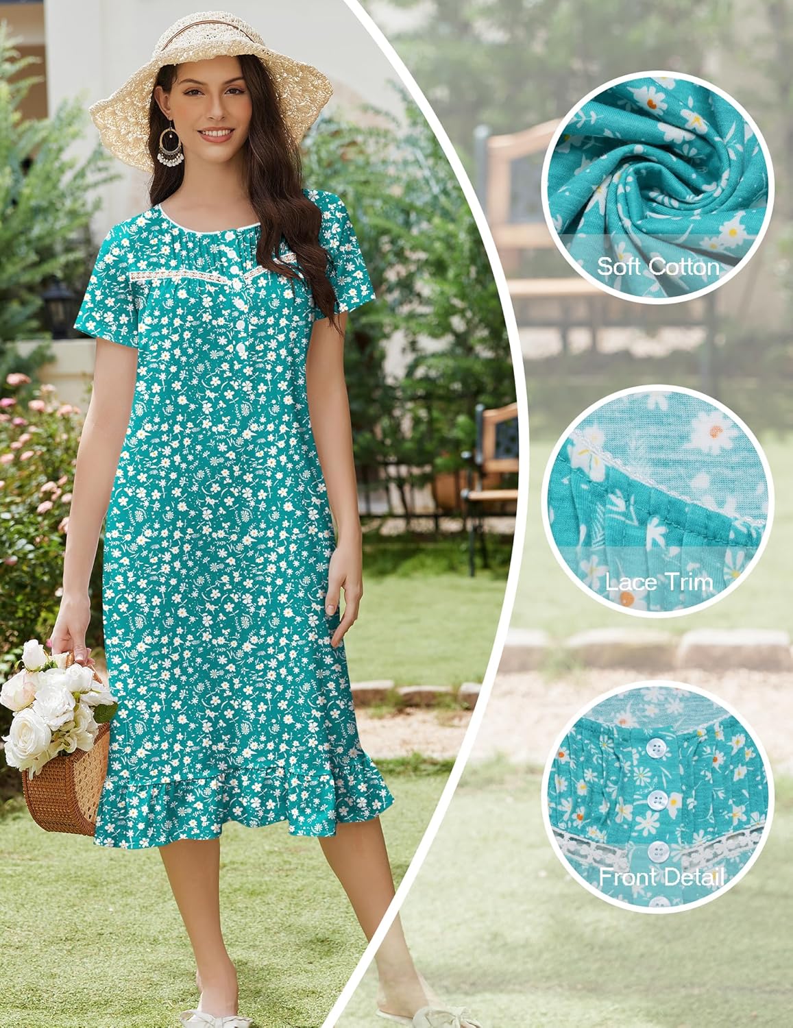 Vestido camisón azul verdoso con flores, ribete de encaje y detalle frontal