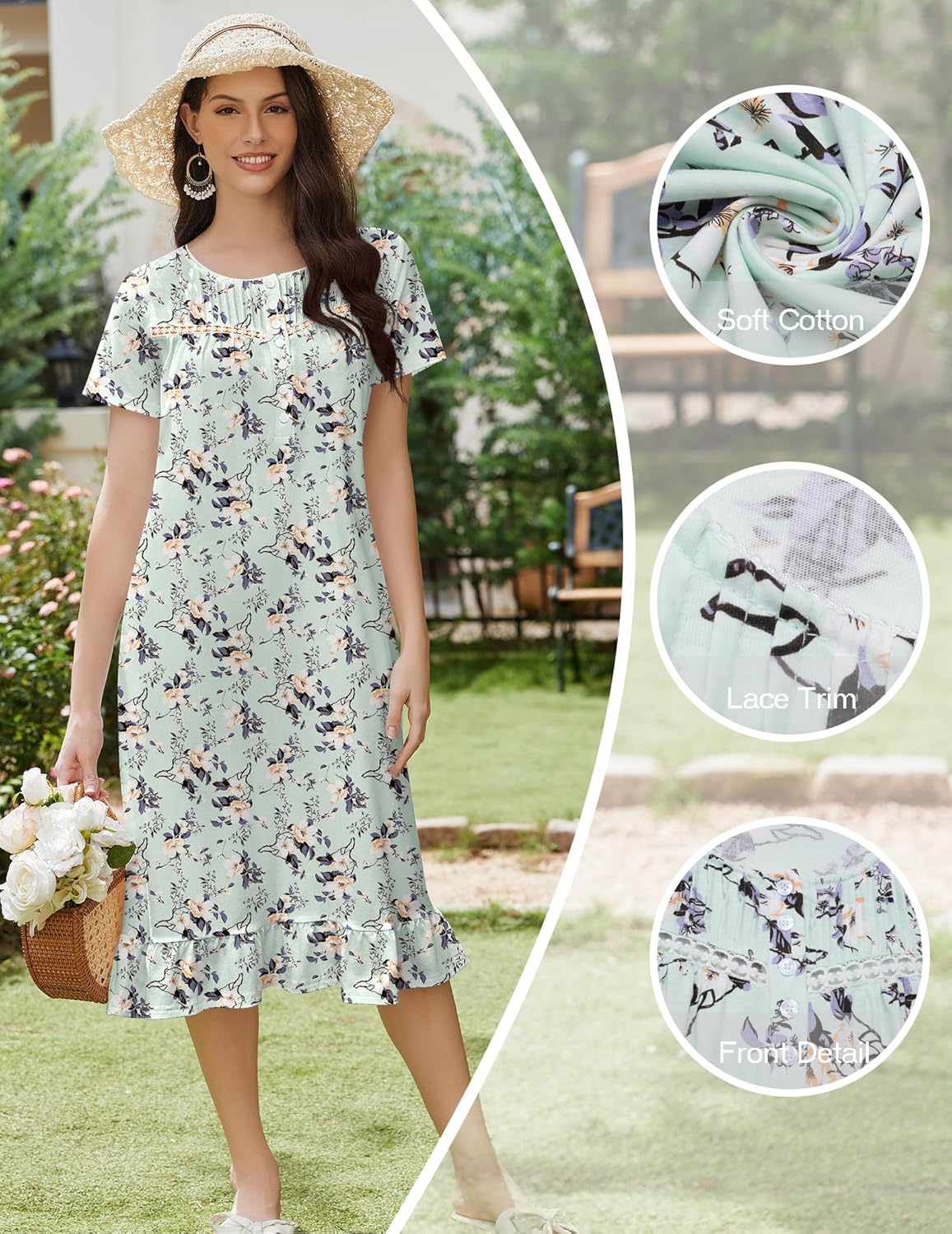 Vestido camisón verde claro con flores y ribete de encaje en el escote