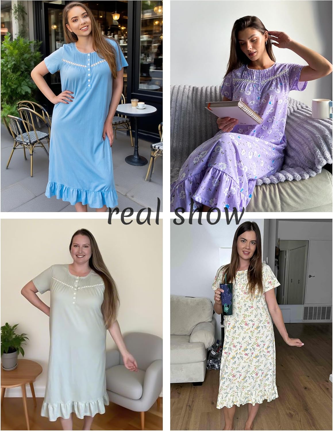 Collage: vestido camisón azul liso y vestido camisón violeta estampado con volantes