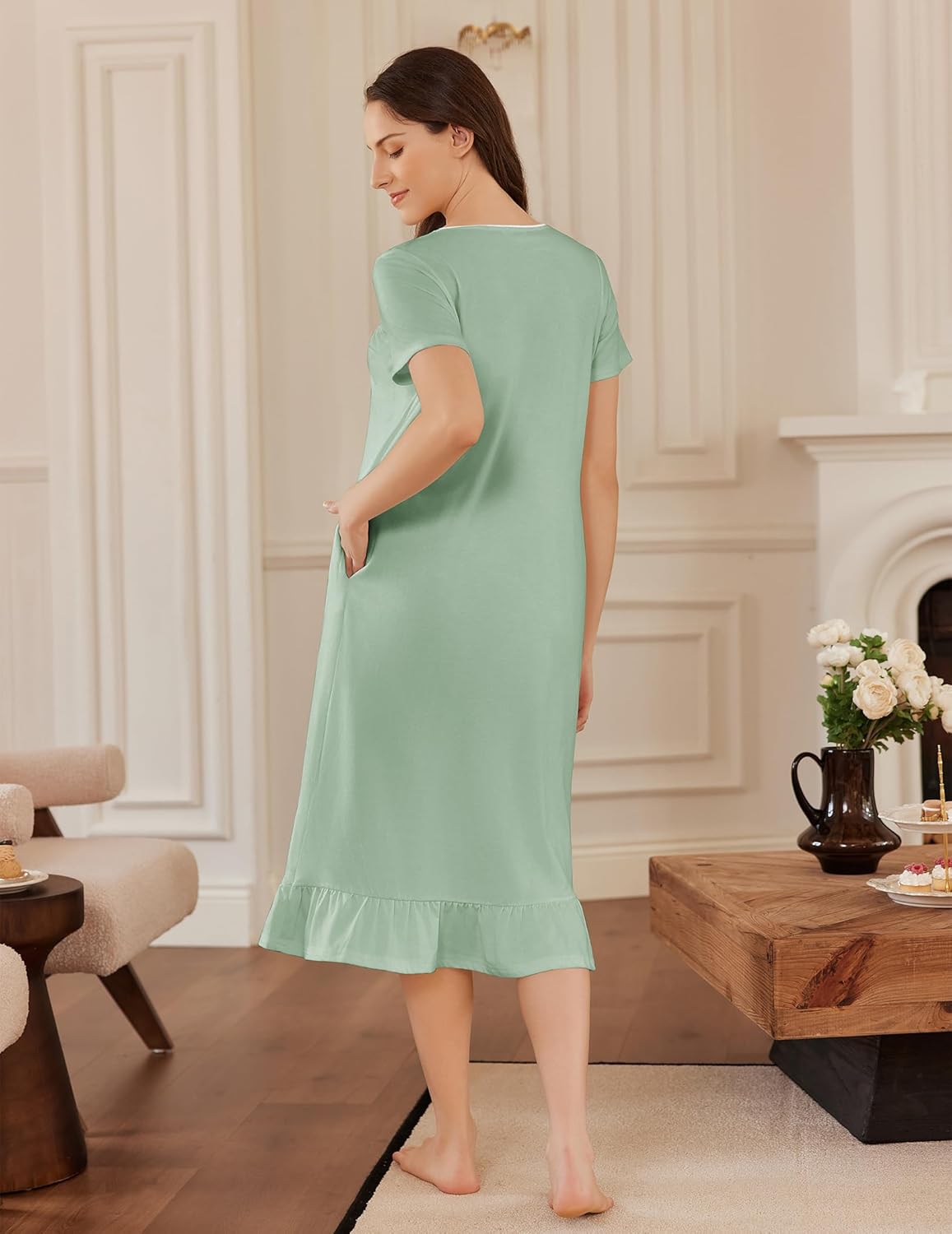 Mint green cotton nightgown back view, short sleeves, ruffled hem