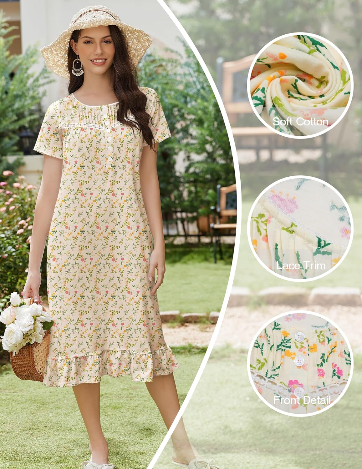 White floral cotton nightgown with button front and lace-trim hem